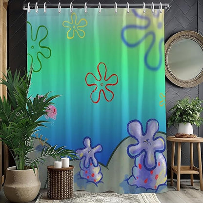 Gradient Green Ocean Cartoon Flower Shower Curtain Set 72x72 Inches | Vibrant Gradient Ocean Floral Print, Playful Underwater Decor, Fits Home Bathroom, Nice Gift for Kids and Animation Lovers