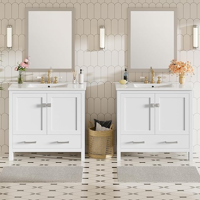 72" White Bathroom Vanity with Double Sink, 72 Inch Bathroom Vanity Set with Double Vanities (Separate), 2 Bathroom Vanities with Sink, Storage Shelf, and Divided Drawers (Mirror not included)