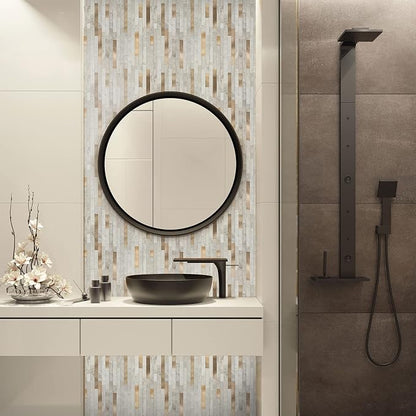 KASARO 6-Sheet Peel and Stick Backsplash Tiles for Kitchen, Marble Beige with Vintage Golden Embellished Stripes, Self-Adhesive Aluminum Wall Tile Stick on Bathroom, Fireplace, RV