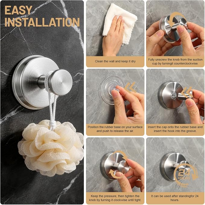 Large Suction Cup Hooks, Heavy Duty 15lb Holds Towel & Robe, No-Drill Shower Bathroom Hooks for Tile Wall Glass Mirror, Mounts on Smooth Non-Porous Surfaces (2 Pack, Brushed Nickel)