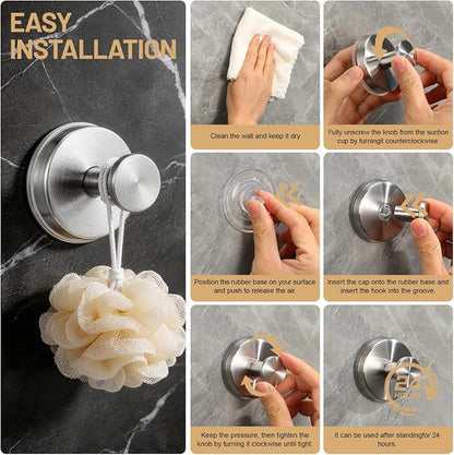 Suction Cup Hooks for Shower No-Drill Bathroom Hooks for Towels, Robes, Loofah Mountable on Bathroom Walls, Kitchen, Glass, Mirrors, Tile and Smooth,Non-Porous Surfaces (4, Brushed Nickel)