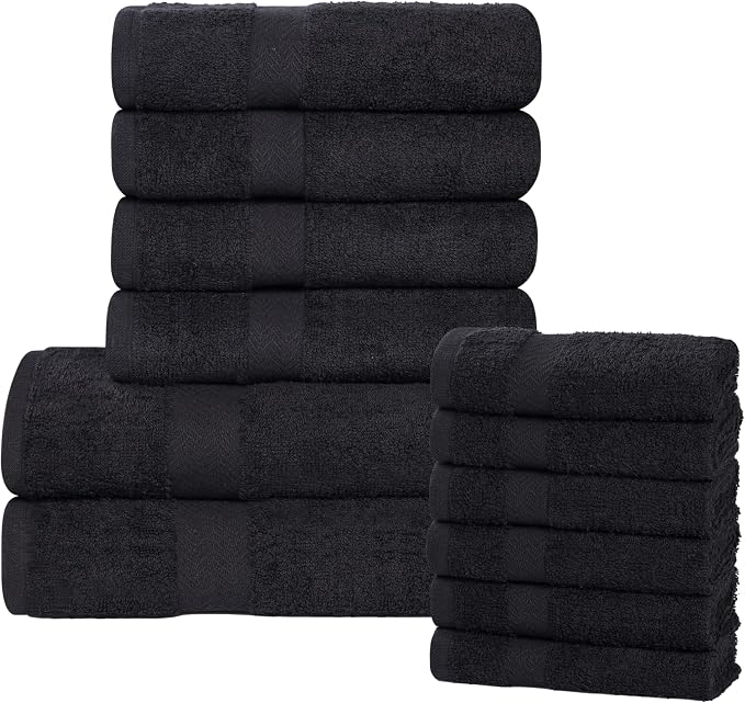 Superior 12-Piece Cotton Assorted Towel Set, Includes 6 Face Towel, 4 Hand, and 2 Bath Towels, Home, Bathroom, Guest Bath Essentials, Quick Dry, Absorbent, Franklin Collection - Black