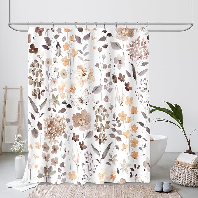 Small Stall Shower Curtain 36 x 72 Inch, Half Narrow Brown Floral Shower Curtain for Bathroom, Watercolor Flower Butterfly Fabric Shower Curtain Set with Hooks