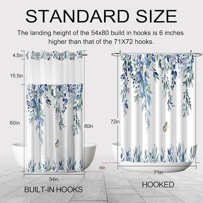 No Hook Shower Curtain and Liner Set, Blue Eucalyptus 54x80 | Floral Design, with Snap in Liner, Waterproof, Machine Washable, Quick-Drying, for Hotel Bathroom