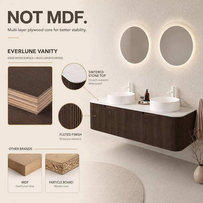 60 Inch Double Sink Bathroom Vanity, Floating Wall Mounted Cabinet, Dark Walnut Curved Fluted Front, Stone Top, Dual Pure White Round Vessel Basins, Pre-Assembled