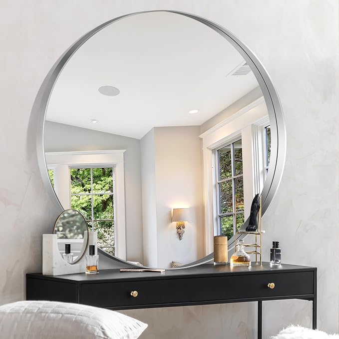 Silver Round Mirror 36 inch Deep Frame Circle Mirror, Metal Framed Bathroom Mirror, Round Vanity Mirror, Circle Mirrors for Wall Entryway Bedroom Living Room Hallway
