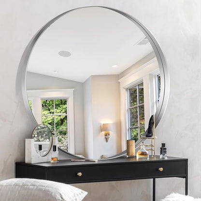 Silver Round Mirror 36 inch Deep Frame Circle Mirror, Metal Framed Bathroom Mirror, Round Vanity Mirror, Circle Mirrors for Wall Entryway Bedroom Living Room Hallway