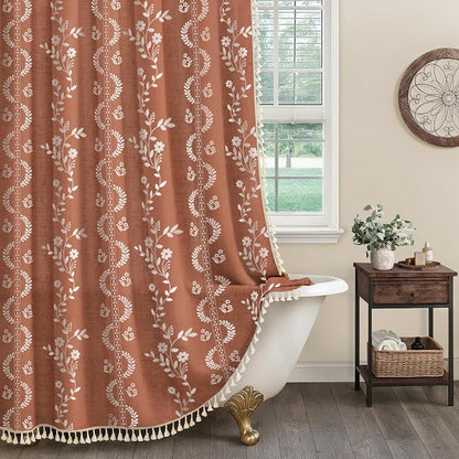 Boho Terracotta Vintage Shower Curtain with Tassels 72 x 72 Inch | Fall Bohemian Floral Linen Fabric Pattern Curtain Curtain For Bathroom
