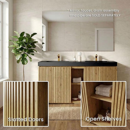 60" Double Bathroom Vanity with Sink Combo, Mid Century Modern Bathroom Cabinet with Doors & Shelves, Matte Black Integrated Sink with Overflow, Light Oak