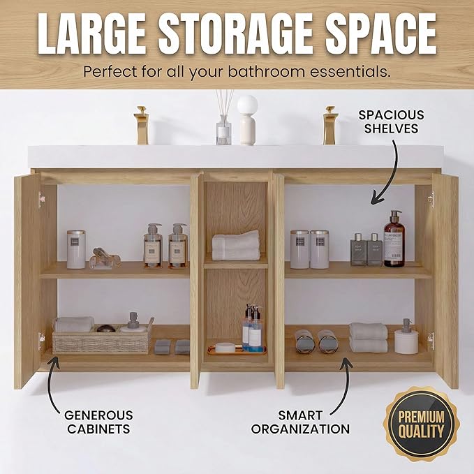 60" Double Bathroom Vanity with Sink Combo, Mid Century Modern Bathroom Cabinet with Doors & Shelves, Glossy White Integrated Sink with Overflow, Light Oak