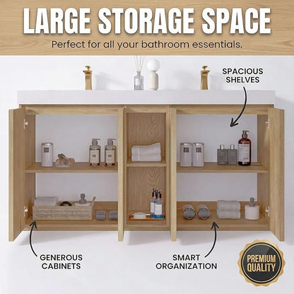 60" Double Bathroom Vanity with Sink Combo, Mid Century Modern Bathroom Cabinet with Doors & Shelves, Glossy White Integrated Sink with Overflow, Light Oak
