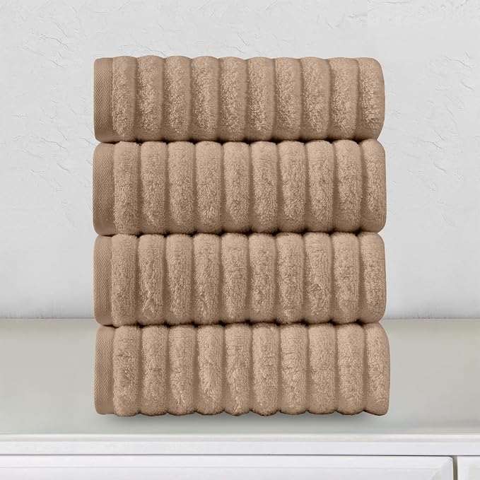 Elegant Comfort Luxury 100% Turkish Cotton Corduroy Ribbed 4 Pack Hand Towel Set 16 x 28 Inch - Absorbent, Super Soft, Quick Dry, Premium Towels for Bathroom, Gym, Spa and Hotel Use, Taupe