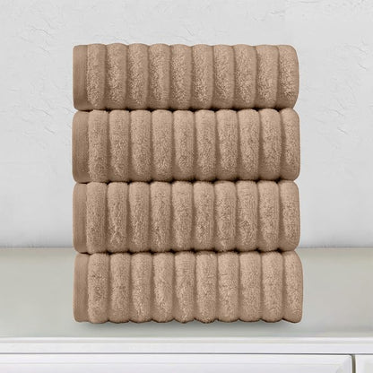 Elegant Comfort Luxury 100% Turkish Cotton Corduroy Ribbed 4 Pack Hand Towel Set 16 x 28 Inch - Absorbent, Super Soft, Quick Dry, Premium Towels for Bathroom, Gym, Spa and Hotel Use, Taupe