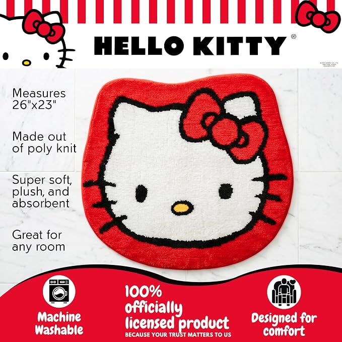Hello Kitty Non Slip Poly Knit Plush Bathroom Rug, 26" x 23",(Officially Licensed Product) By Franco