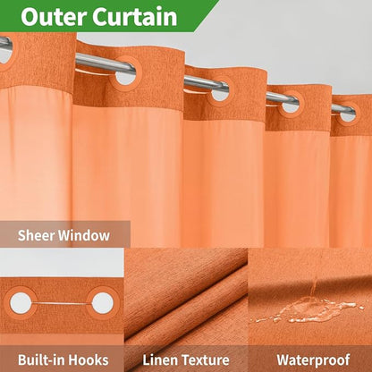 eachope No Hook Fabric Shower Curtain with Snap-in Liner,71x74 Burnt Orange | Linen Texture,230GSM Thick Fabric,Hotel Luxury Decor,Mesh Window,Bottom magnetic ,Waterproof & Machine Washable,for Bathroom