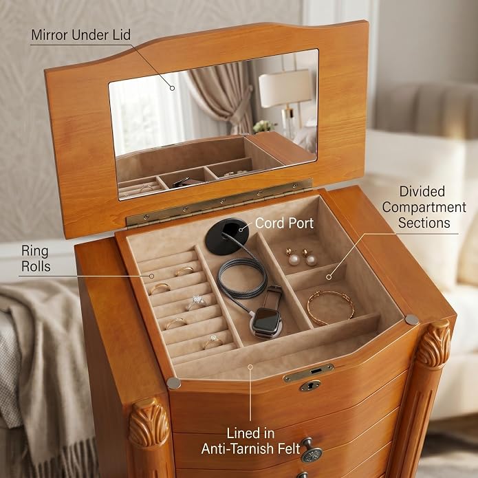 Hives and Honey Roman Locking Jewelry Armoire – 8 Drawer Organizer with Mirror, Side Necklace Hooks, Ring Rolls and Anti-Tarnish Lining