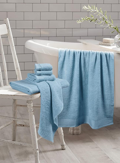 GLAMBURG 100% Cotton Ultra Soft 6 Pack Towel Set, Contains 2 Bath Towels 28x55 Inches, 2 Hand Towels 16x24 Inches & 2 Wash Coths 12x12 Inches, Compact Absorbent Lightweight & Quickdry - Sky Blue