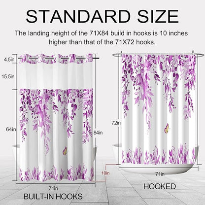 No Hook Shower Curtain and Liner Set, Purple Eucalyptus 71x84 | Floral Design, with Snap in Liner, See-Through Top Window, Waterproof, Machine Washable, Quick-Drying, for Hotel Bathroom