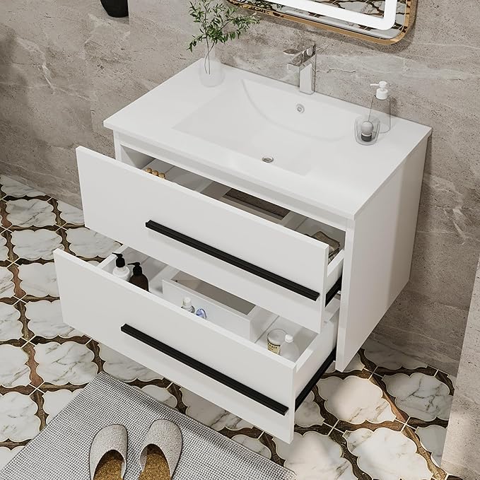 30 Inch Floating Bathroom Vanity - White Modern Wall Mounted Vanity with Sink, Soft-Close Two Drawers, Black Handles & Smooth Motion Glides (White, 30")