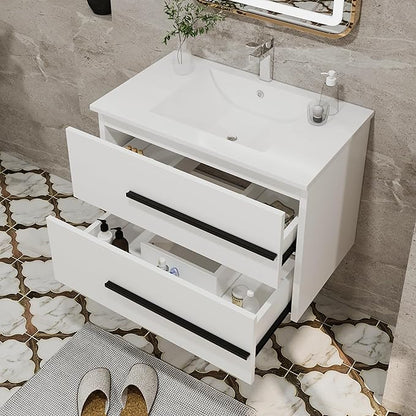 30 Inch Floating Bathroom Vanity - White Modern Wall Mounted Vanity with Sink, Soft-Close Two Drawers, Black Handles & Smooth Motion Glides (White, 30")