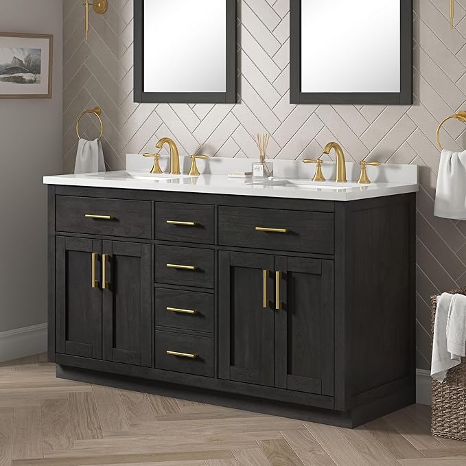 OVE Decors Bailey 60 in. Double Sink Freestanding Matte Black Wood Bathroom Vanity with White Quartz Top, Matching Backsplash and Power Bar