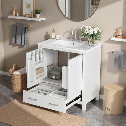 30" Freestanding Bathroom Vanity with Sink, Floor Stand Bathroom Storage Cabinet with Ceramic Sink, Doors with Double-Layered Storage Shelves, Modern Compact Vanity with Divided Drawer, White