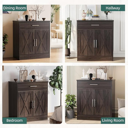 Shintenchi Farmhouse Storage Cabinets with Doors and Shelves,Kitchen Barn Door Storage Cabinet with Drawers,Coffee Bar Cabinet Buffest Sideboard for Dining Living Room,Bathroom,Entryway,Dark Brown
