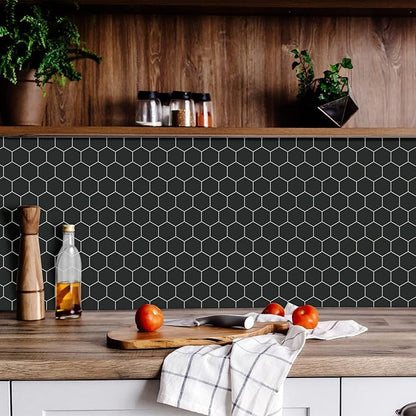10-Sheet Hexagon Peel and Stick Backsplash, 11.42" x 11.42" Black Honeycomb Self-Adhesive Marble Mosaic Wall Tile, Waterproof Stick on Backsplash Tiles for Kitchen Bathroom Shower