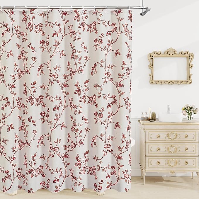 MitoVilla Long Shower Curtain Set 72 x 78, Cotton Floral Cottagecore Spring Shower Curtains for Bathroom, Modern Farmhouse Country Plant Leaves Bathroom Décor
