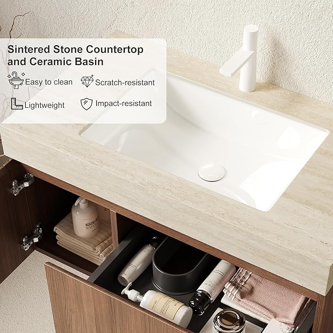 Ambrovina 30" Floating Bathroom Vanity with Sink, Modern Plywood Bathroom Storage Cabinet with Drawer and Door, Light Yellow Sintered Stone Countertop, White Ceramic Basin, Pre-Assembled, Light Oak