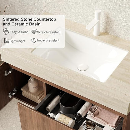 Ambrovina 36" Floating Bathroom Vanity with Sink, Modern Plywood Bathroom Storage Cabinet with Drawer and Door, Roma Travertine-Pattern Countertop, White Ceramic Basin, Pre-Assembled, Dark Oak