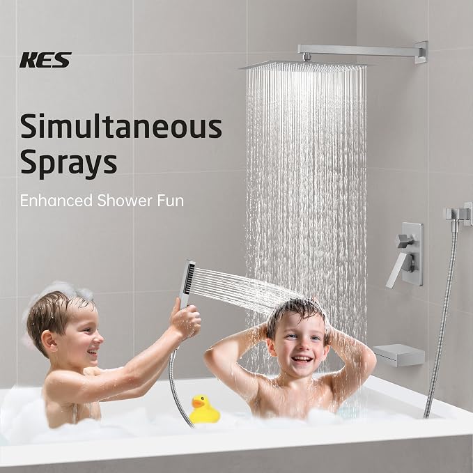 KES Shower Faucet Set 12 Inch Rain Shower Head 3-Function Shower System with Tub Spout Rainfall Shower Head with Handheld Shower, Pressure Balance Valve Brushed Nickel, XB6305F18S12-BN