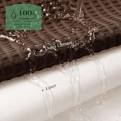 Brown Hook Free Waffle Shower Curtain & Snap-in Fabric Liner,72x87 | Less Time to install, 3 in 1 Fabric Shower Curtain and Liner Set with Magnets, Extra Long, Shower Curtains for Bathroom