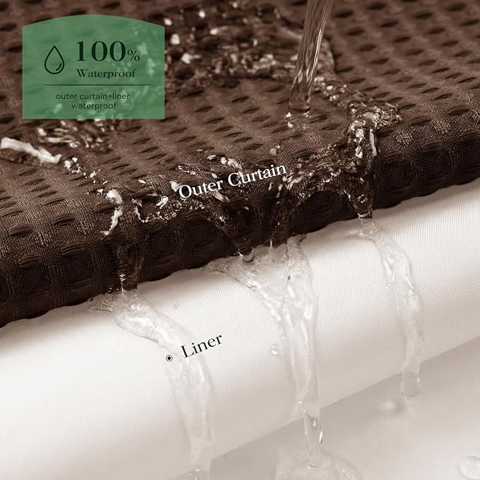 Brown Hook Free Waffle Shower Curtain & Snap-in Fabric Liner,72x75 | Less Time to install, 3 in 1 Fabric Shower Curtain and Liner Set with Magnets, Mesh Top Window, Shower Curtains for Bathroom