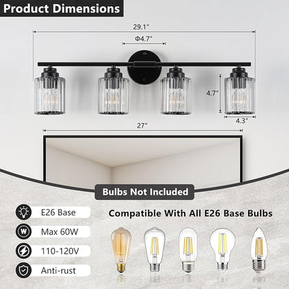 29.1" Black Vanity Light, 4-Light Bathroom Light Fixtures with Clear Crystal Shades, E26 Base Modern Black Wall Sconce, Vanity Lights for Bathroom Powder Room Bedroom Hallway