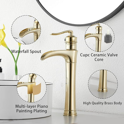 Brushed Gold Bathroom Faucet GGStudy Waterfall Bathroom Faucet Single Handle One Hole Tall Body Farmhouse Bathroom Vessel Sink Faucet Vanity Faucet Matching with Pop Up Drain