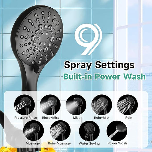 BRIGHT SHOWERS High Pressure Shower Head with Handheld, 9 Spray Settings Showerhead Built in Power Wash to Clean Tub and Pets, Extra Long 69" Hose, Adjustable Bracket, Matte Black