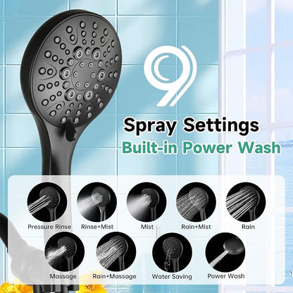 BRIGHT SHOWERS High Pressure Shower Head with Handheld, 9 Spray Settings Showerhead Built in Power Wash to Clean Tub and Pets, Extra Long 69" Hose, Adjustable Bracket, Matte Black