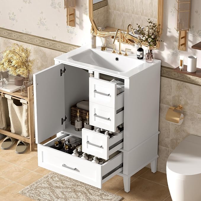 24.8" Bathroom Vanity with Ceramic Sink, Freestanding Bathroom Cabinet with Soft-Close Door, 3 Drawers & Spacious Storage, Solid Wood Frame and MDF, Modern White Vanity for Small Bathrooms
