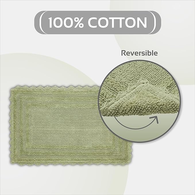 Better Trends Lilly Crochet 24x40 Reversible Bath Rugs and Bath mats for Bathroom, Luxurious 100% Cotton Bath Rug & Water Absorbent Bathroom Mat - Sage Green Bath Matt