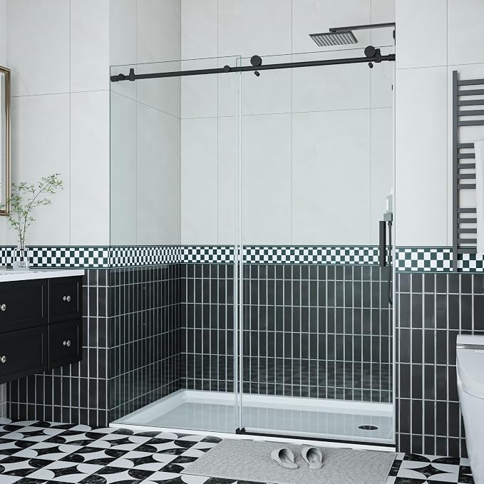 Frameless Sliding Glass Shower Door 56–60 Inch W x 76 Inch H – Single Sliding Door with Fixed Panel, 8mm Tempered Glass, Stainless Steel Round Rail, Matte Black