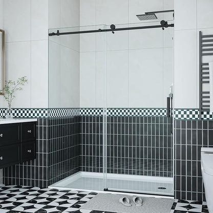 Frameless Sliding Glass Shower Door 56–60 Inch W x 76 Inch H – Single Sliding Door with Fixed Panel, 8mm Tempered Glass, Stainless Steel Round Rail, Matte Black
