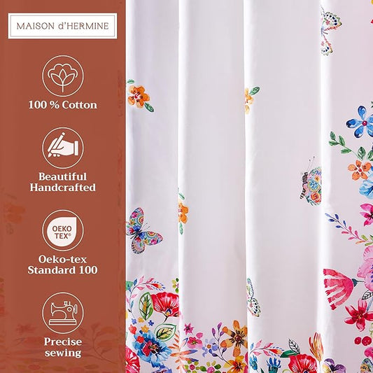 Maison d' Hermine Shower Curtain 100% Cotton One Panel 70"x72" Washable Fabric Shower Curtains for Bathroom, Easy Hanging with 12 Button Holes - Spa Easter Gifts (Happy Florals - High Summer)