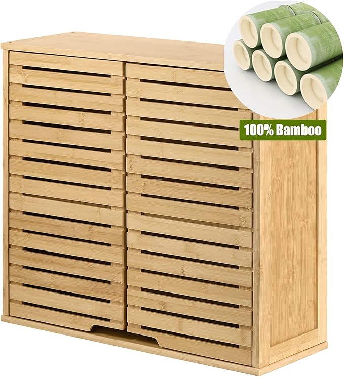 HYNAWIN Bathroom Wall Mounted Bamboo Storage Cabinet with Double Doors, 2-Tier Adjustable Shelf, Over Toilet Organizer for Bathroom, Kitchen, Entryway