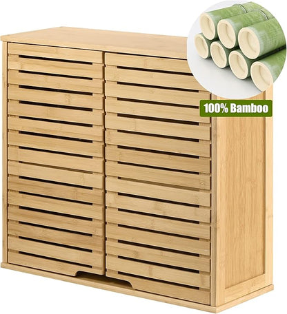 HYNAWIN Bathroom Wall Mounted Bamboo Storage Cabinet with Double Doors, 2-Tier Adjustable Shelf, Over Toilet Organizer for Bathroom, Kitchen, Entryway
