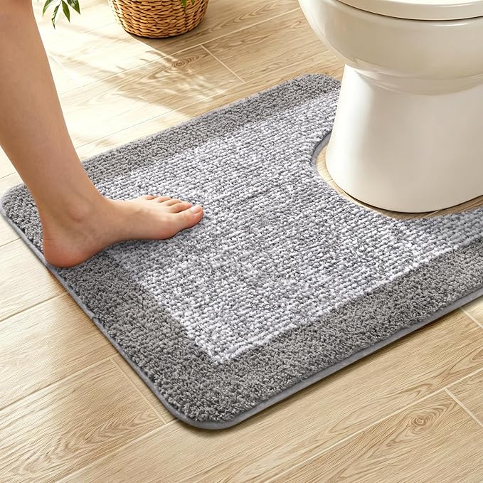 Toilet Rugs U-Shaped 24x19, Non-Slip Plush Shaggy Quick Dry Bathroom Contour Rugs, Extra Soft Absorbent Chenille Washable Bath Mat for Toilet Base, Light Grey