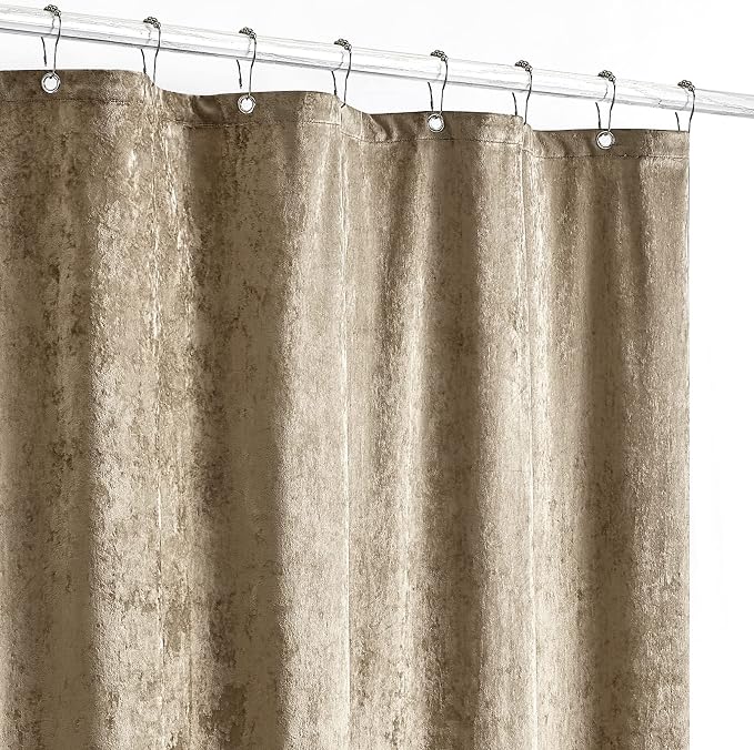 Fredsure Distressed Velvet Shower Curtain Set, 13 Pieces Khaki Including 1 Piece 72"x72" Shower Curtain and 12 Pieces Silver Hooks