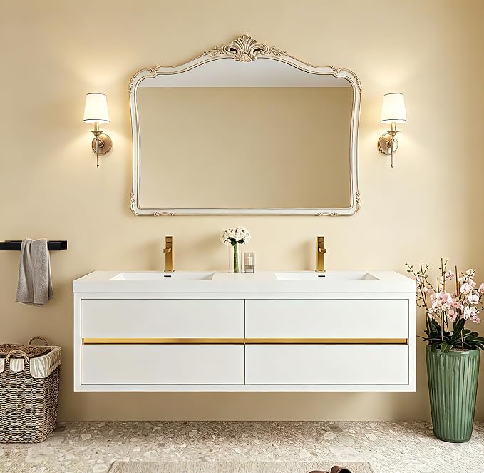 72 Inch Floating Bathroom Vanity with Double Sink, Glossy White Wall Mounted Cabinet, Stone Resin Countertop, Soft Close Drawers, Fully Assembled