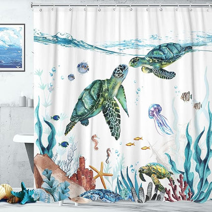 Fowocu Sea Turtle Extra Long Shower Curtain Teal Blue Ocean Waterproof Fabric Shower Curtains for Bathroom with Funny Animal Octopus Starfish Anchor Fish Nautical Bath Curtain Decor (Teal, 72''×78'')