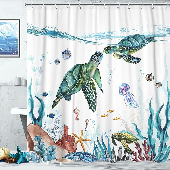 Fowocu Sea Turtle Shower Curtain Teal Blue Ocean Waterproof Fabric Shower Curtains for Bathroom with Funny Animal Octopus Starfish Anchor Fish Nautical Bath Curtain Decor (Teal, 72''×72'')